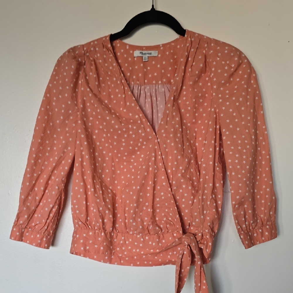 Madewell Coral Star Print Wrap Blouse